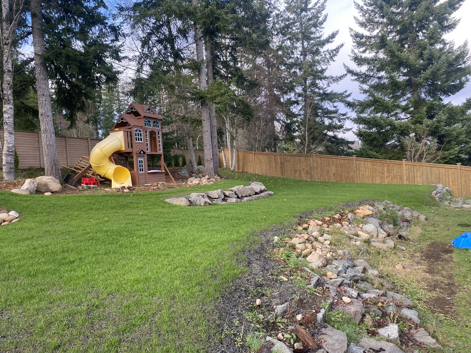 Finished backyard with green lawn Vancouver Island